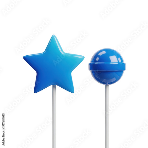 Shiny blue star and ball mounted on metallic stands isolated on transparent background