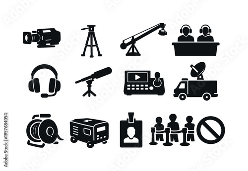 Solid vector icons of sports broadcasting: broadcast camera, tripod stand, camera crane, commentary booth, headset headphone,