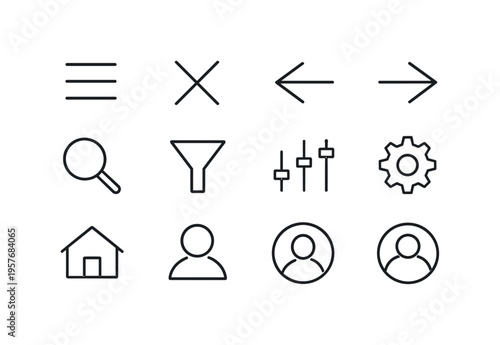 Line style vector icons of Essential UI icons: menu, close, back, forward; search, filter, sort, settings; home, user, profile,
