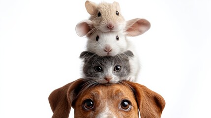 Dog with brown fur supports two small rabbits and a gray kitten stacked on its head against a white background, showcasing a playful animal arrangement