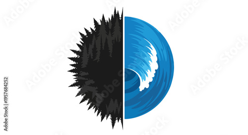 A split-screen graphic illustration of a black furry texture on the left and a blue ocean wave on the right separated by a white line on a plain white background.