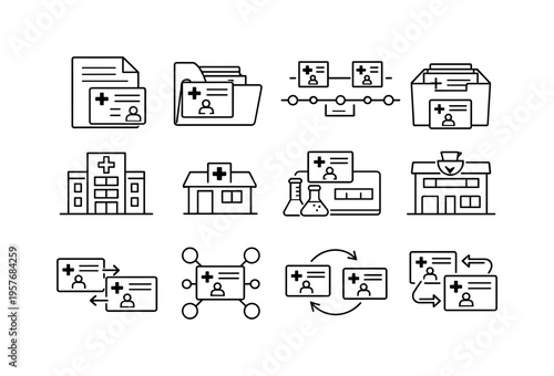 Unified Medical Icons. Line style vector icons of unified medical record card: document, folder, timeline, archive; hospital,