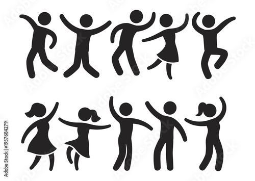 Stick figure dance and fight icons set, black silhouette pictograms of people in motion, featuring dance poses
