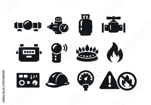Solid vector icons of gas services: gas pipeline, regulator, gas cylinder, valve, meter, leak detector, burner, flame icon,