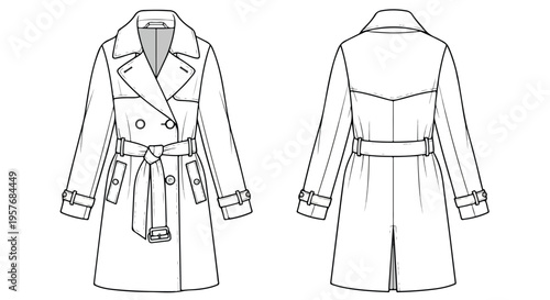 Technical drawing of a belted trench coat shown from the front and back with a detailed outline on a white background.