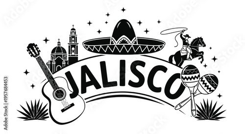 Black and white illustration of Jalisco logo with guitar, sombrero, maracas, and horse against a white background with a festive mood.