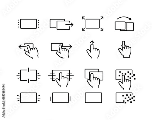 Line style vector icons of Screen transition icons: fade, slide, zoom, flip; swipe left, swipe right, swipe up, swipe down;