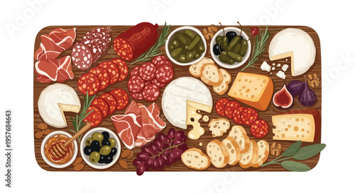 Flat lay of a charcuterie board with assorted meats, cheeses, crackers, and condiments on a wooden platter against a white background.