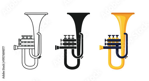 Three trumpets in line drawing, black, and yellow on a white background.