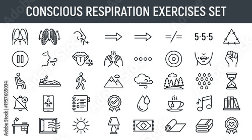 Set of icons representing conscious breathing exercises and relaxation techniques