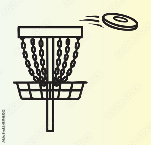Disc golf basket with flying frisbee in midair action shot