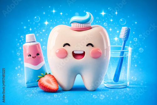 Cute Happy Cartoon Tooth with Strawberry and Pink Toothpaste Character, 3D Render for Kids Dental Health and Oral Hygiene Education, Rinsing Glass and Blue Background with Bubbles and Sparkles