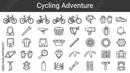 Collection of cycling equipment and accessories icons for adventure and sport