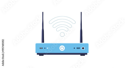 A blue Wi-Fi router with two antennas and a white logo on a plain white background, emitting a wireless signal.