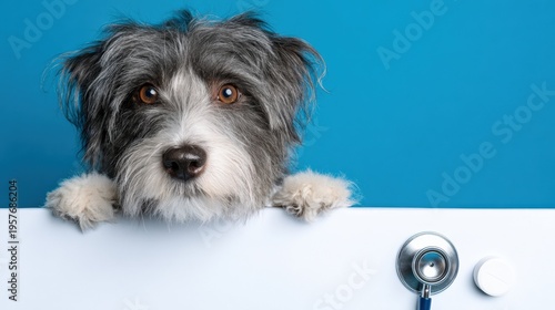 Curious dog with stethoscope and pill on blue background