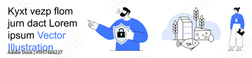 Cybersecurity, healthy living, nutritional awareness, data encryption, online safety, personal identity. Person holding shield with lock. Cybersecurity and healthy living concept