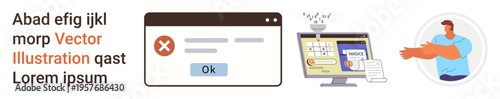 Error messages, cybersecurity, online accounts, user interface design, data protection, web notifications. Alert box and user computer screen combined with a person. Error messages and cybersecurity