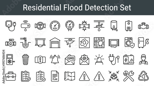 Residential Flood Detection System Icons Set for Home Safety and Prevention