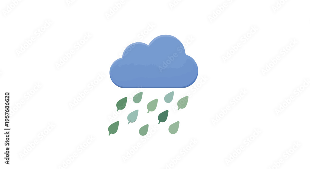 Obraz premium Illustration of a blue cloud with green raindrops falling from it against a white background.