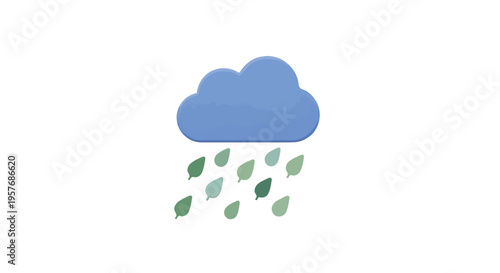 Illustration of a blue cloud with green raindrops falling from it against a white background.