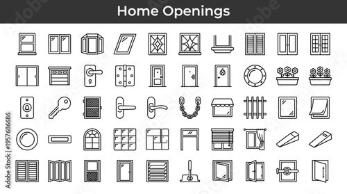 Collection of home opening icons including doors, windows, and hardware elements