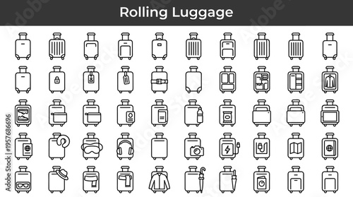 Collection of rolling luggage icons representing travel and packing essentials