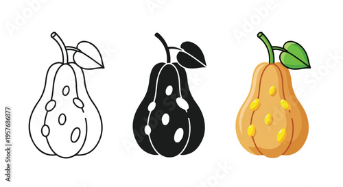 Three stylized pears in different colors and line art styles on a white background.