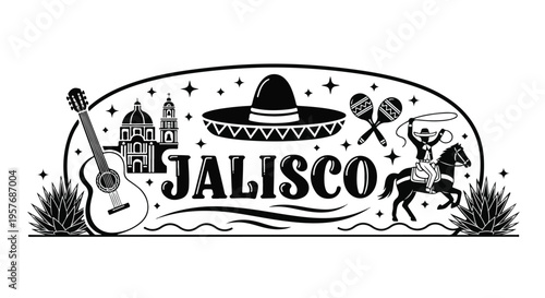Black and white illustration of Jalisco sign with sombrero guitar maracas and horseback rider against a white background with a festive mood.