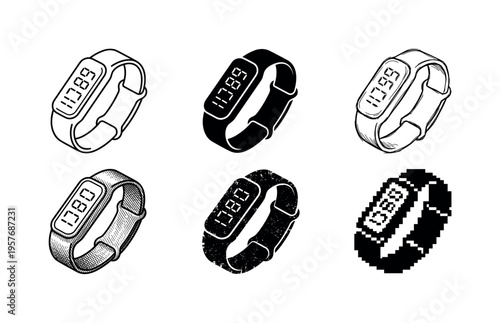 Collection of digital fitness trackers and smartwatches in various artistic styles