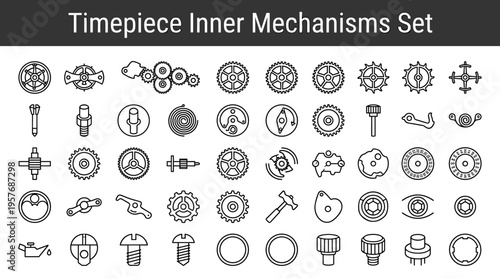 Collection of detailed line art icons representing various timepiece inner mechanisms and components
