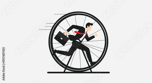 Flat illustration of a businessman running inside a wheel with motion lines on a white background.