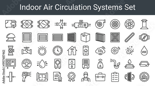 Set of icons representing indoor air circulation systems and related components