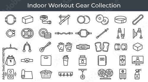 Collection of indoor workout and fitness equipment icons for home gym