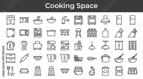 Collection of kitchen appliances and utensils icons for cooking and food preparation