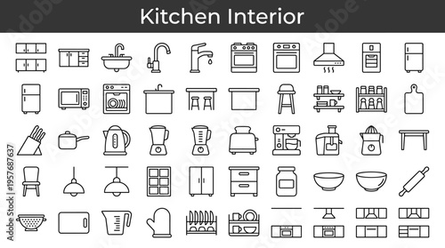 Collection of kitchen interior design elements and appliances in a clean line art style