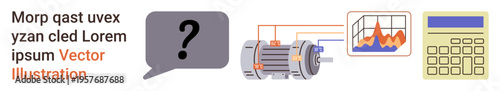 Problem solving, engineering, data analytics, financial planning, energy systems, decision-making. Question mark, electric motor graph and calculator. Analysis and problem-solving concept
