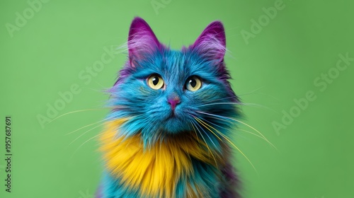 Colorful domestic cat with vibrant blue and yellow fur, looking directly at the camera against a bright green background