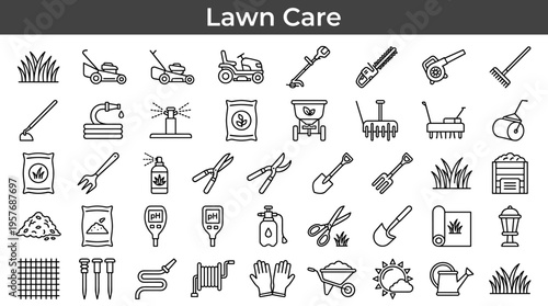 Collection of line art icons representing various lawn care tools and activities