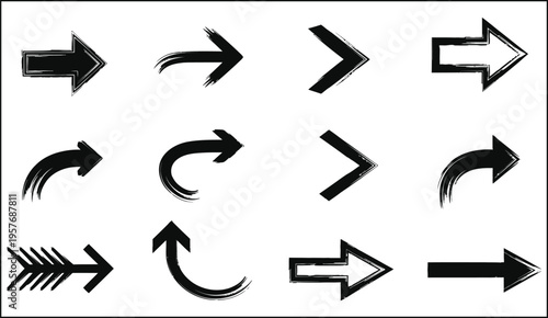 Collection of various black arrow icons on white background