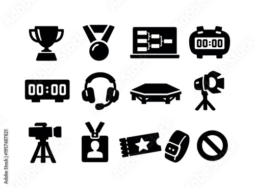 Solid vector icons of online tournament: trophy, medal, bracket board, match timer, scoreboard screen, referee headset, stage