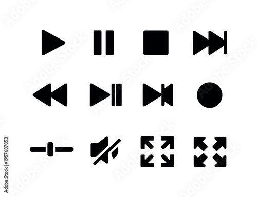 Solid vector icons of media controls: play button, pause button, stop button, fast forward, rewind, skip next, skip previous,