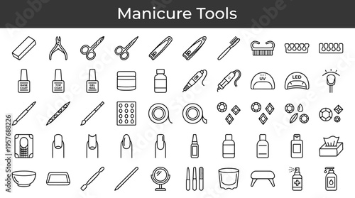 Collection of manicure and nail care tools and accessories in a clean line art style
