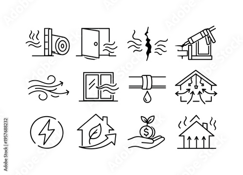 Line style vector icons of heat loss detection: insulation, gap, crack, seal; airflow, draft, leak, escape; energy, efficiency,
