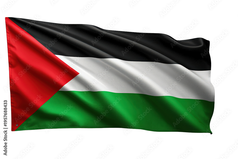 Fototapeta premium Palestine flag moving in the wind, showcasing the country's national colors and symbol of identity on a transparent background