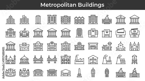Collection of diverse metropolitan building icons for urban design and city planning projects