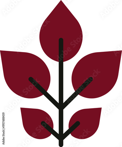 Minimalist dark red plant icon with stem and leaves with White Background