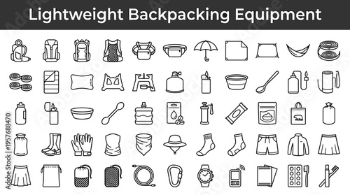 Collection of lightweight backpacking and camping equipment icons for outdoor adventures