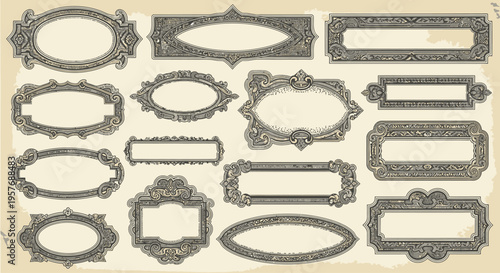 Victorian Apothecary Etching Frames and Vintage Medicine Label Vector Borders