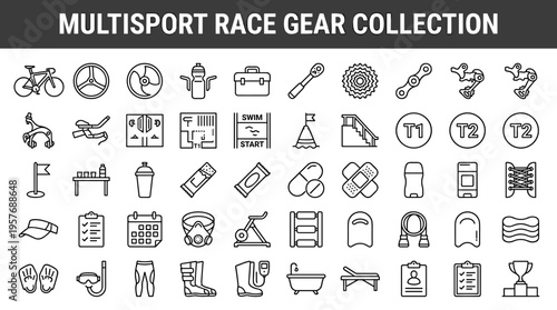 Collection of icons representing multisport race gear and equipment for athletes