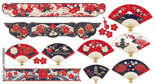 Japanese Meiji Floral Borders and Oriental Gold Leaf Vector Ornaments
